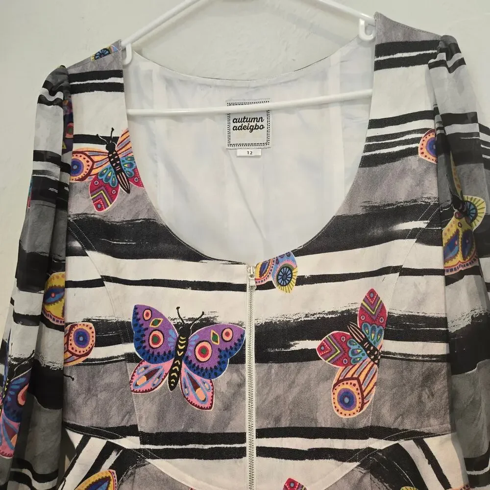 Autumn Adeigbo Butterfly Fit & Flare Dress Size 12 Long Sleeve Zip Front Mini - Picture 6 of 11